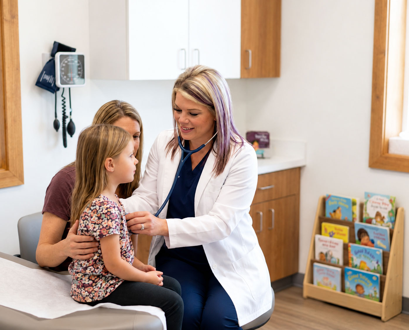 Jenni examining a young patient with her mother